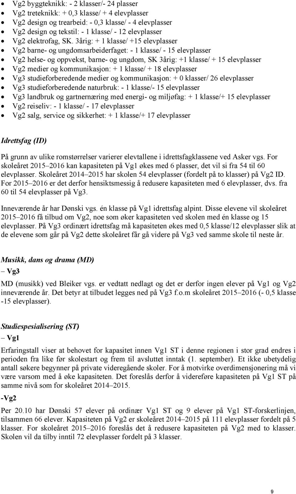 3årig: + 1 klasse/ +15 elevplasser Vg2 barne- og ungdomsarbeiderfaget: - 1 klasse/ - 15 elevplasser Vg2 helse- og oppvekst, barne- og ungdom, SK 3årig: +1 klasse/ + 15 elevplasser Vg2 medier og