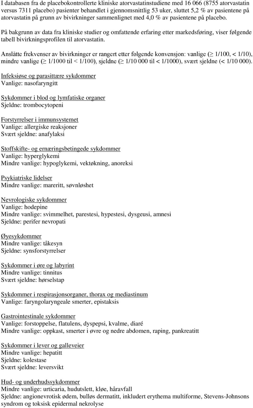 På bakgrunn av data fra kliniske studier og omfattende erfaring etter markedsføring, viser følgende tabell bivirkningsprofilen til atorvastatin.
