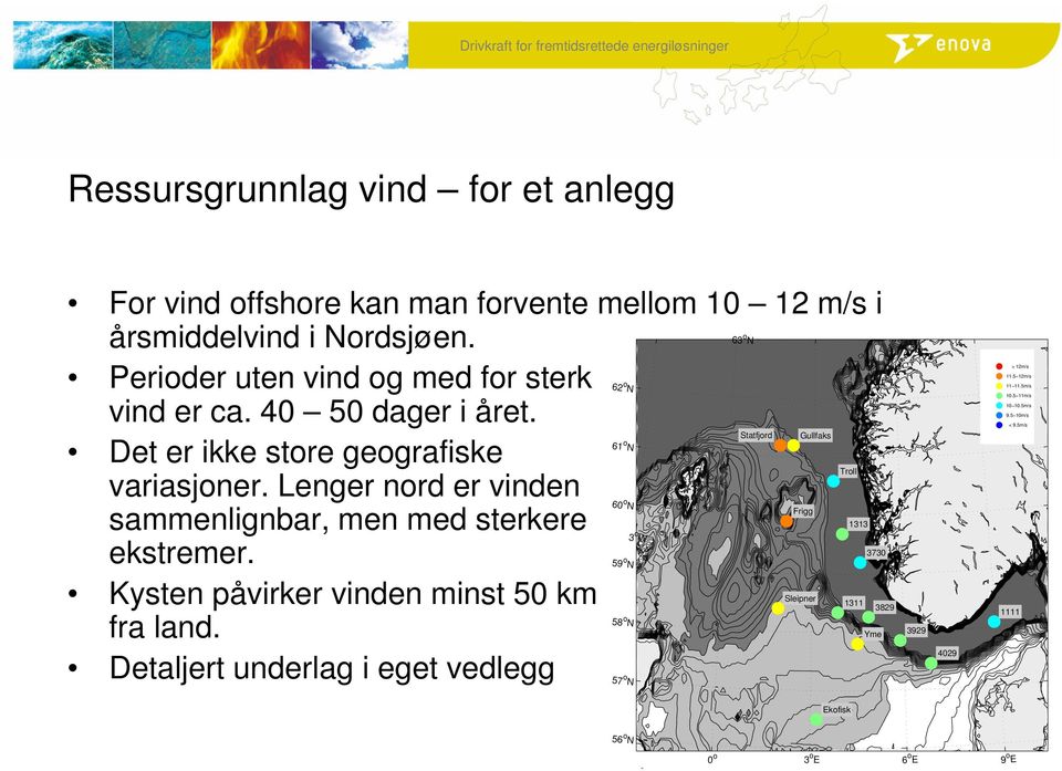 Kysten påvirker vinden minst 50 km Sleipner 1311 fra land.