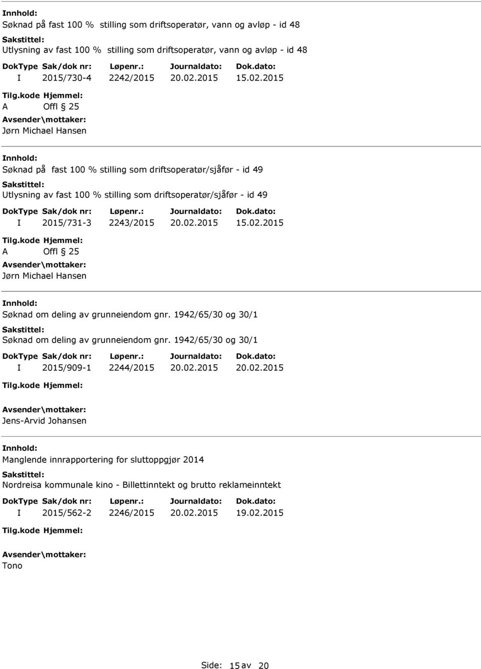 2243/2015 15.02.2015 A Offl 25 Jørn Michael Hansen Søknad om deling av grunneiendom gnr. 1942/65/30 og 30/1 Søknad om deling av grunneiendom gnr.