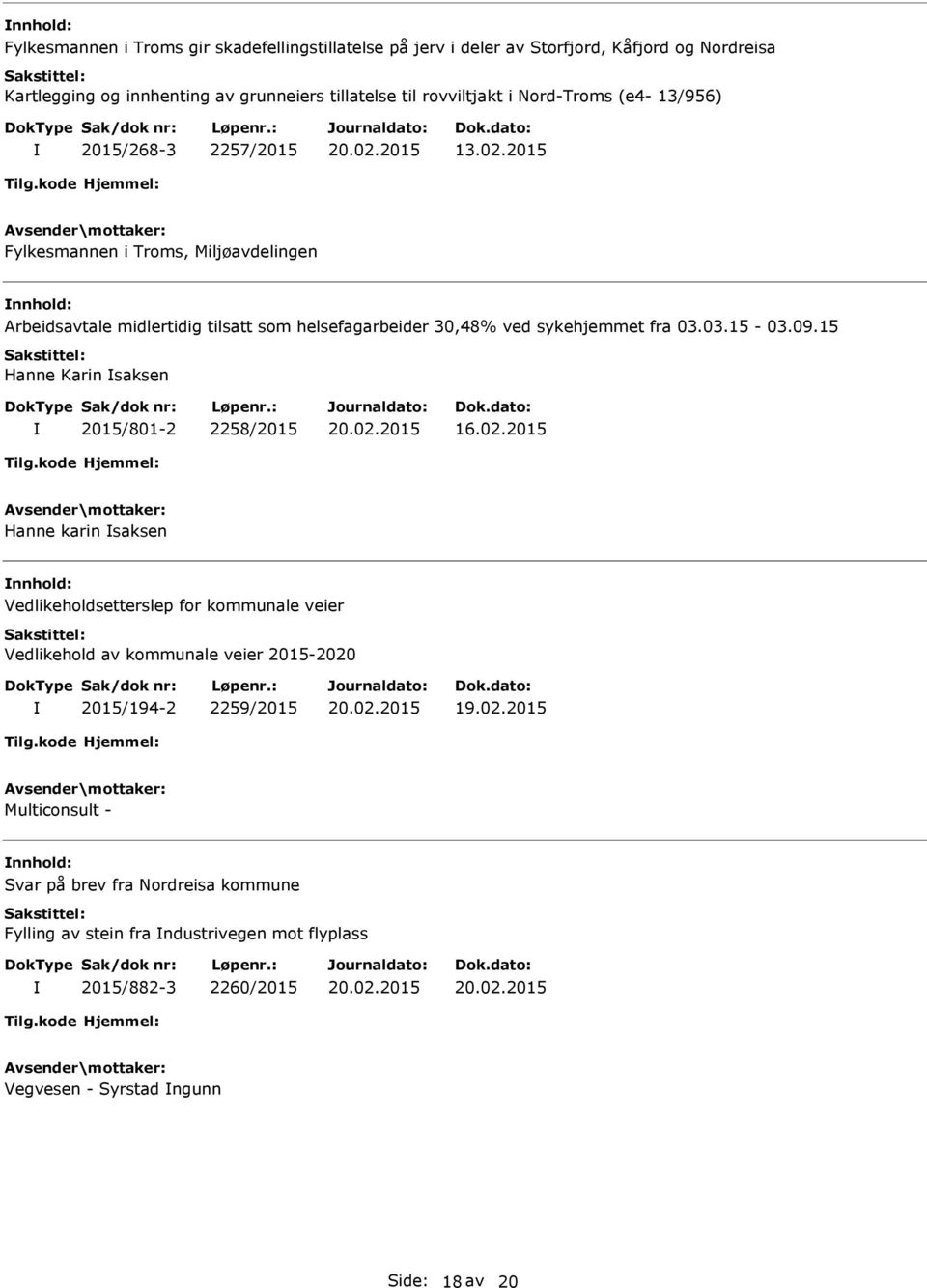 2015 Fylkesmannen i Troms, Miljøavdelingen Arbeidsavtale midlertidig tilsatt som helsefagarbeider 30,48% ved sykehjemmet fra 03.03.15-03.09.