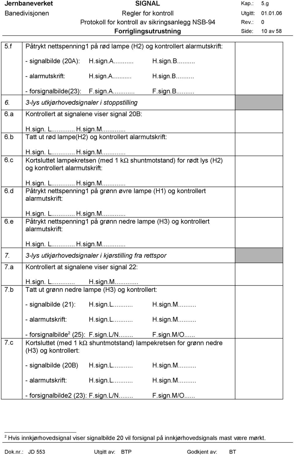 sign. L... H.sign.M... 6.c Kortsluttet lampekretsen (med 1 kω shuntmotstand) for rødt lys (H2) og kontrollert alarmutskrift: H.sign. L... H.sign.M... 6.d Påtrykt nettspenning1 på grønn øvre lampe (H1) og kontrollert alarmutskrift: H.