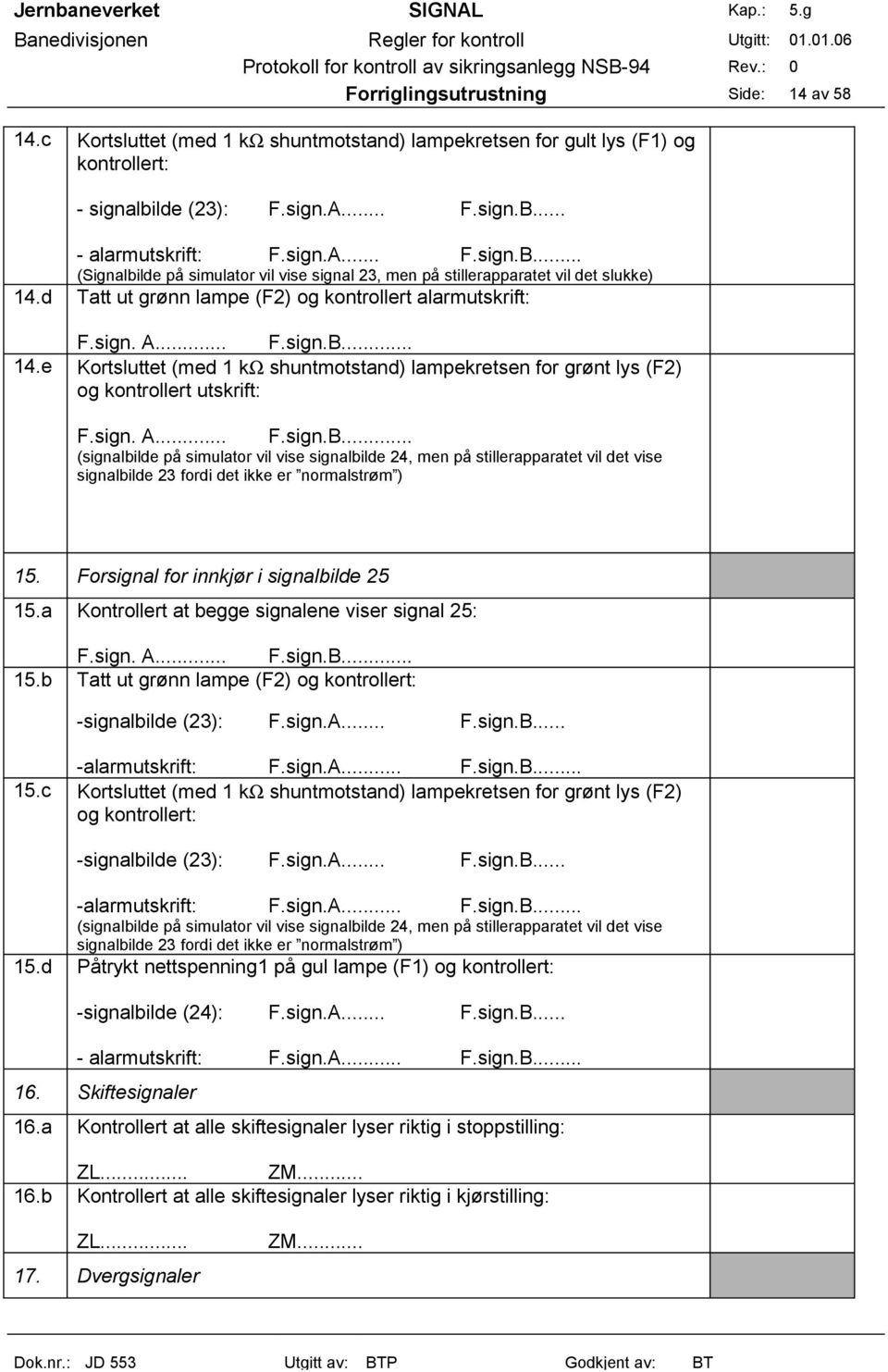 .. F.sign.B... 14.e Kortsluttet (med 1 kω shuntmotstand) lampekretsen for grønt lys (F2) og kontrollert utskrift: F.sign. A... F.sign.B... (signalbilde på simulator vil vise signalbilde 24, men på stillerapparatet vil det vise signalbilde 23 fordi det ikke er normalstrøm ) 15.