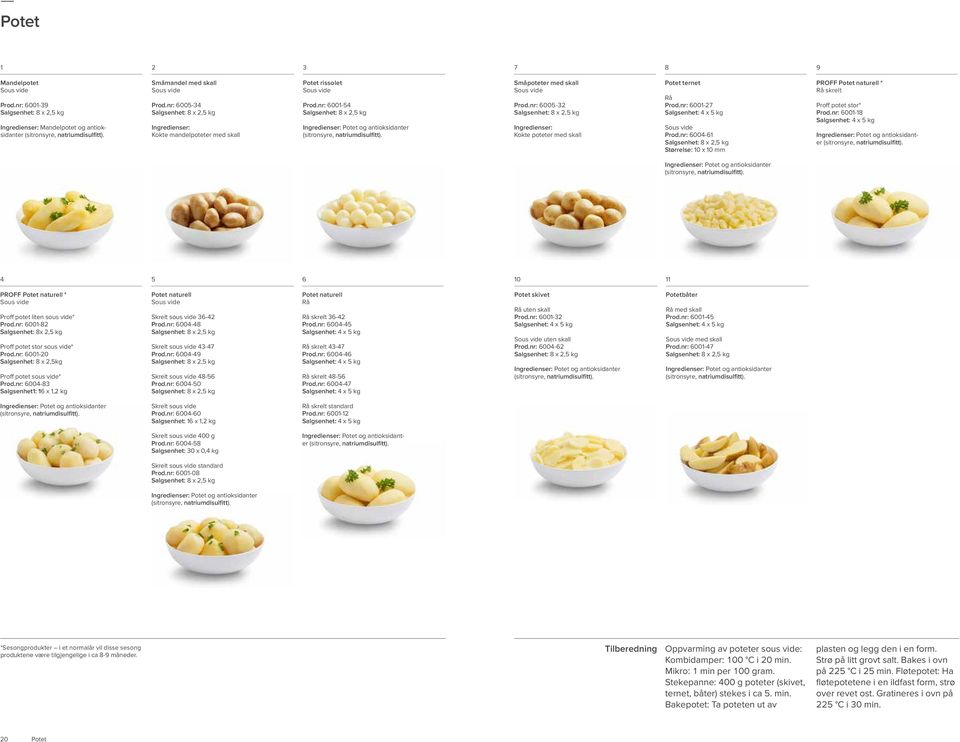 nr: 00- Ingredienser: Kokte poteter med skall Potet ternet Prod.nr: 00-7 Salgsenhet: x kg Prod.nr: 00- Størrelse: 0 x 0 mm PROFF Potet naturell * skrelt Proff potet stor* Prod.