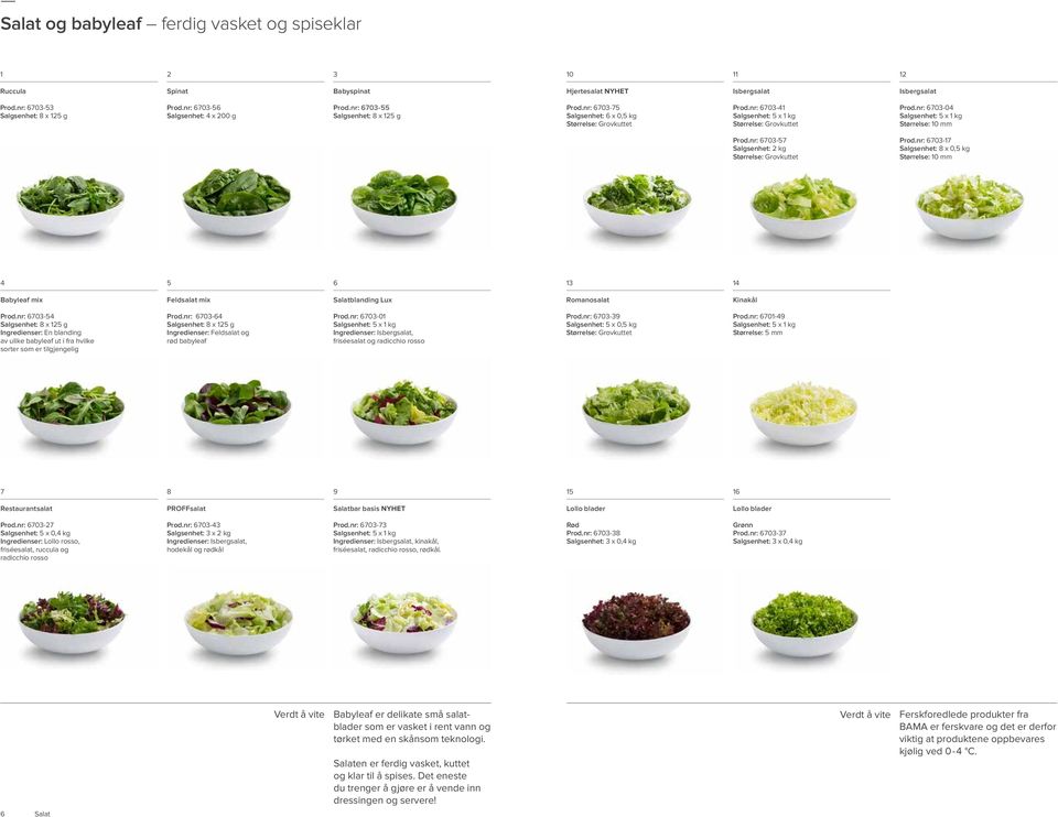 nr: 70-7 Salgsenhet: kg Størrelse: Grovkuttet Prod.nr: 70-7 Salgsenhet: 8 x 0, kg Størrelse: 0 mm Babyleaf mix Feldsalat mix Salatblanding Lux Romanosalat Kinakål Prod.