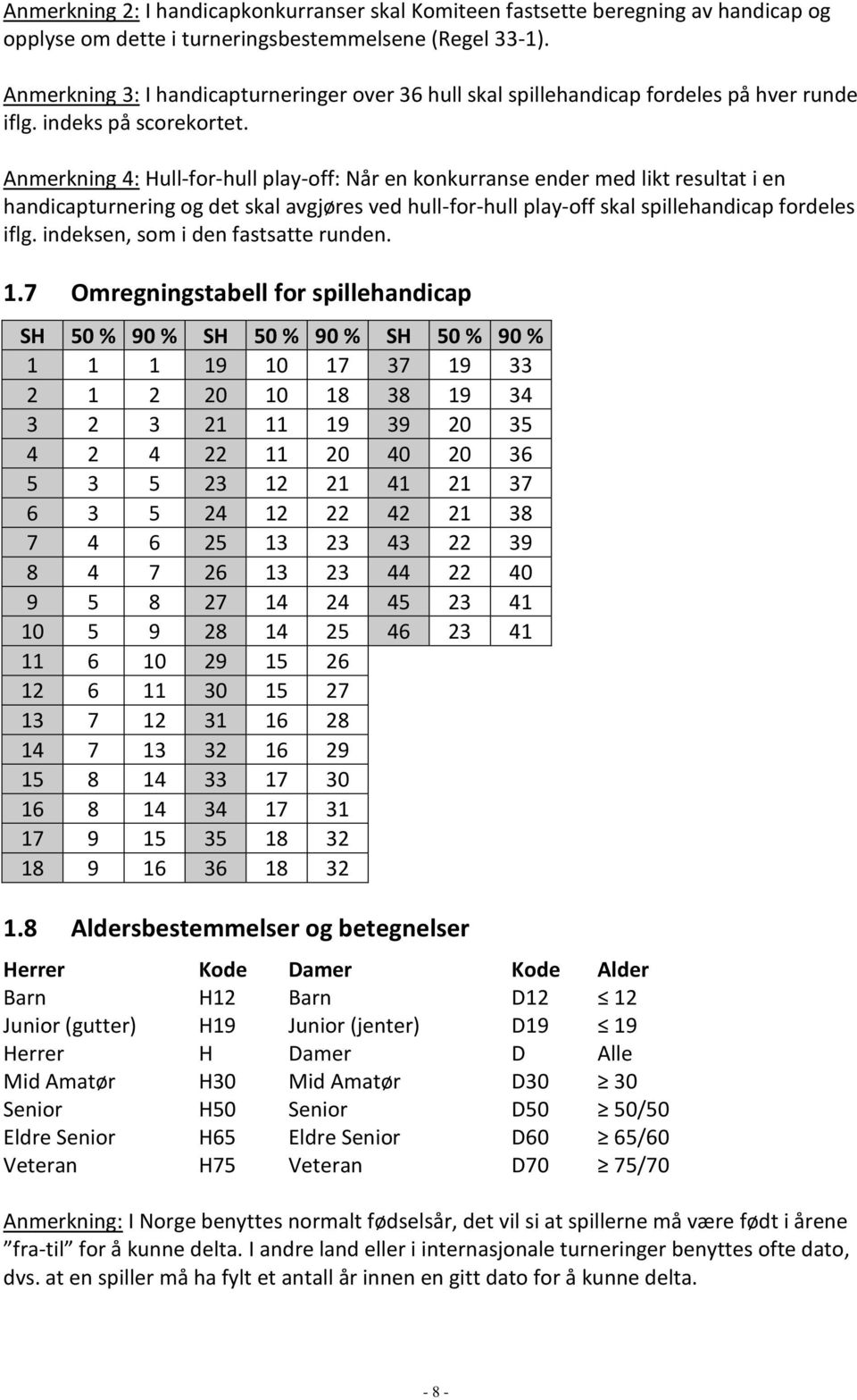 Anmerkning 4: Hull-for-hull play-off: Når en konkurranse ender med likt resultat i en handicapturnering og det skal avgjøres ved hull-for-hull play-off skal spillehandicap fordeles iflg.