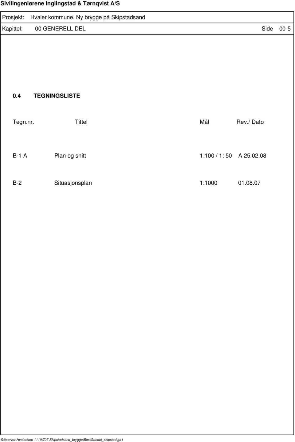 4 TEGNINGSLISTE Tegn.nr. Tittel Mål Rev.