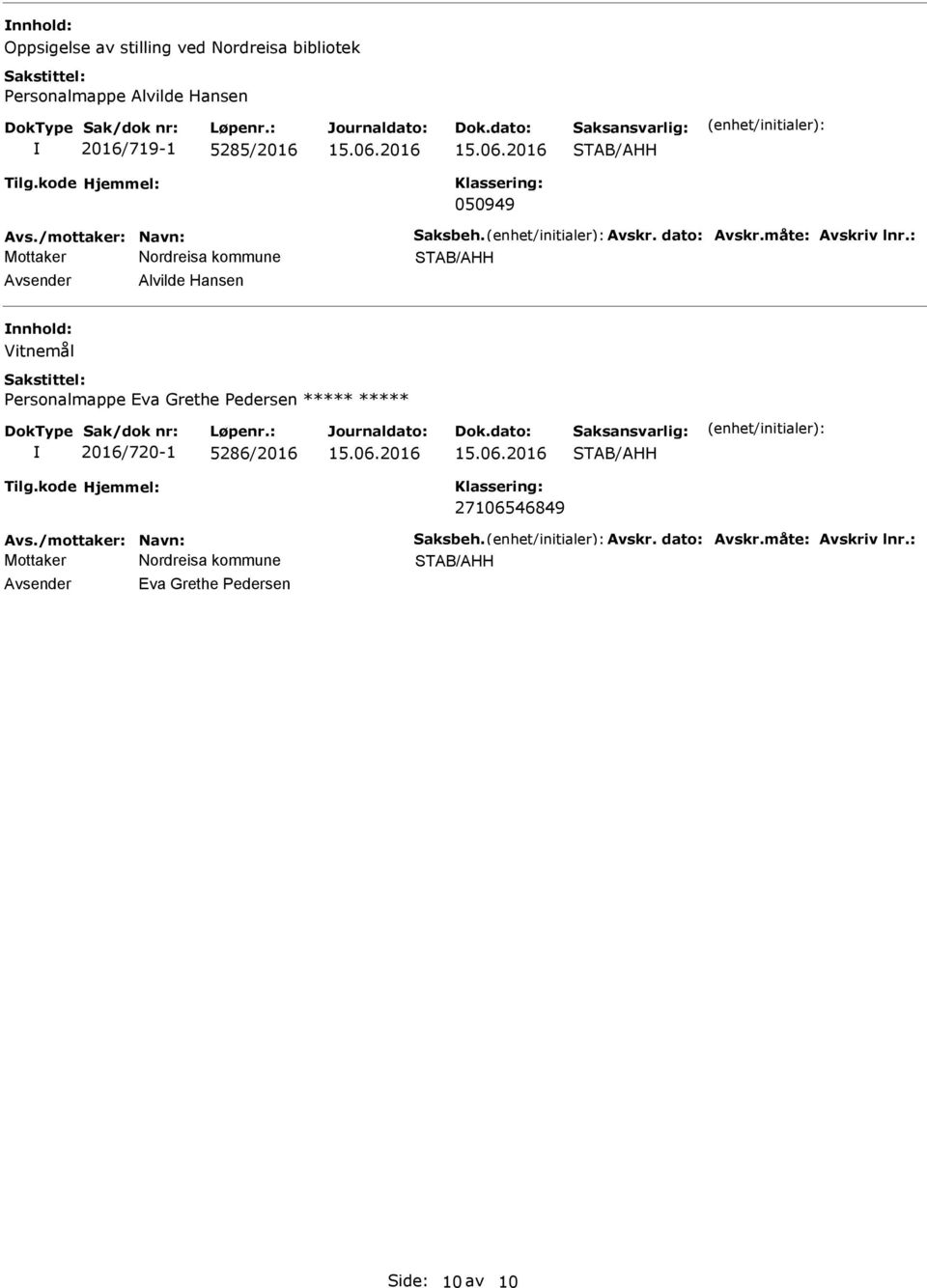 : Avsender Alvilde Hansen nnhold: Vitnemål Personalmappe va Grethe Pedersen 2016/720-1 5286/2016