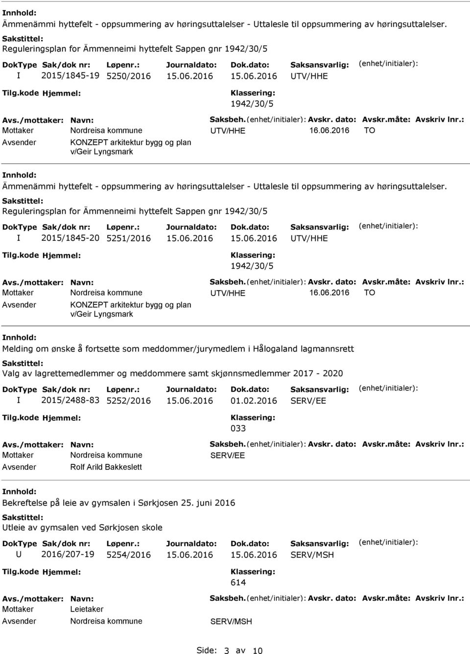 2016 TO Avsender KONZPT arkitektur bygg og plan v/geir Lyngsmark  Reguleringsplan for Ämmenneimi hyttefelt Sappen gnr 1942/30/5 2015/1845-20 5251/2016 UTV/HH 1942/30/5 Avs./mottaker: Navn: Saksbeh.