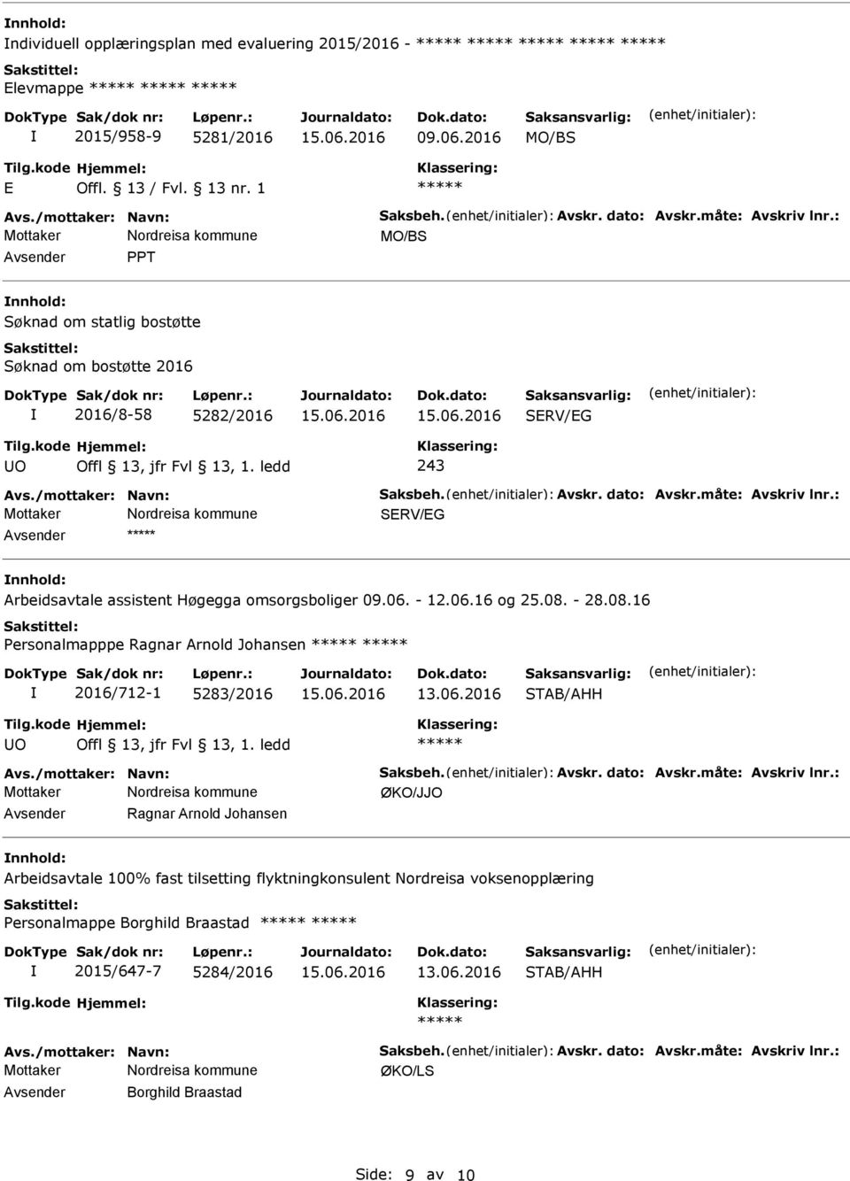 : SRV/G Avsender nnhold: Arbeidsavtale assistent Høgegga omsorgsboliger 09.06. - 12.06.16 og 25.08. - 28.08.16 Personalmapppe Ragnar Arnold Johansen 2016/712-1 5283/2016 Avs./mottaker: Navn: Saksbeh.