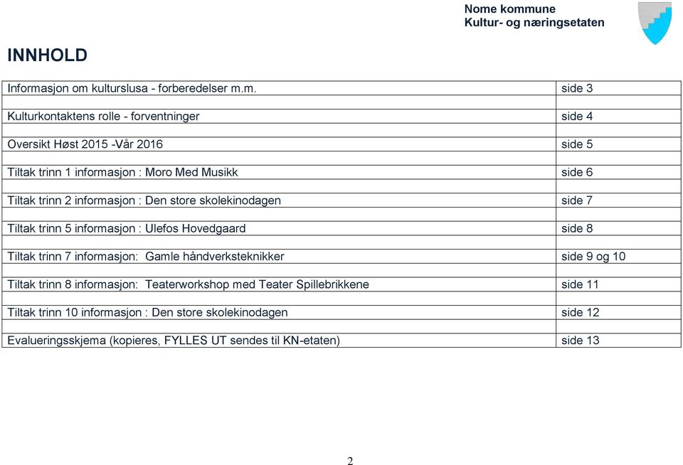 informasjon : Ulefos Hovedgaard side 8 Tiltak trinn 7 informasjon: Gamle håndverksteknikker side 9 og 10 Tiltak trinn 8 informasjon: Teaterworkshop med