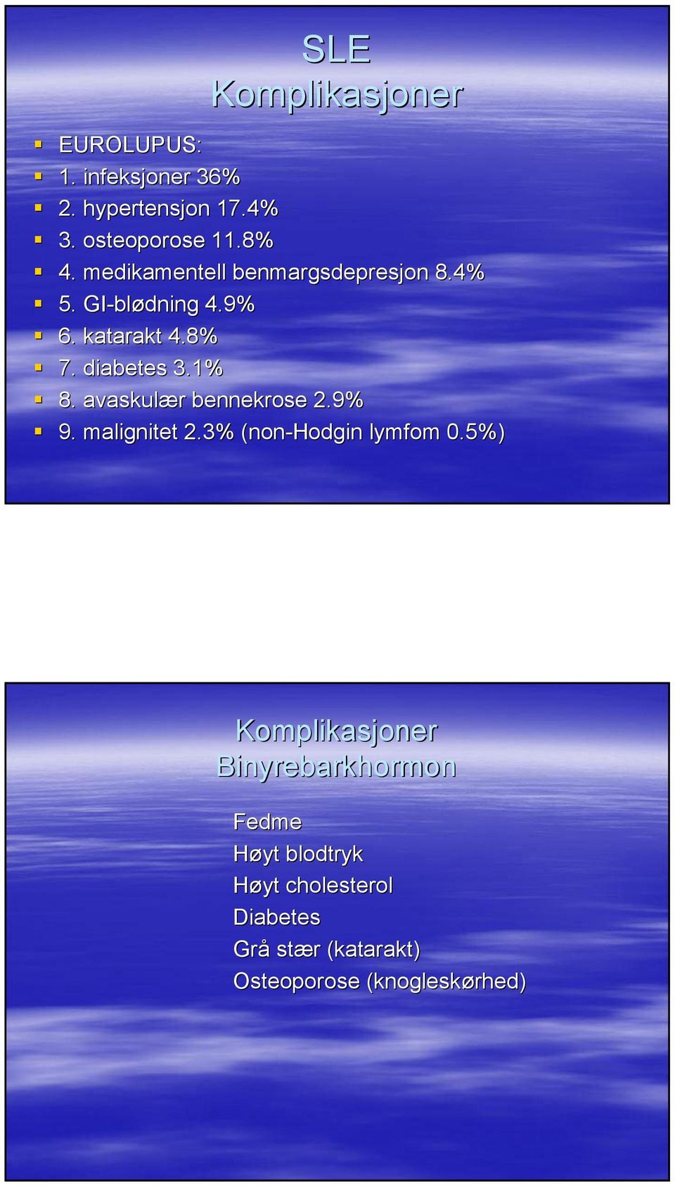 avaskulær r bennekrose 2.9% 9. malignitet 2.3% (non-hodgin lymfom 0.