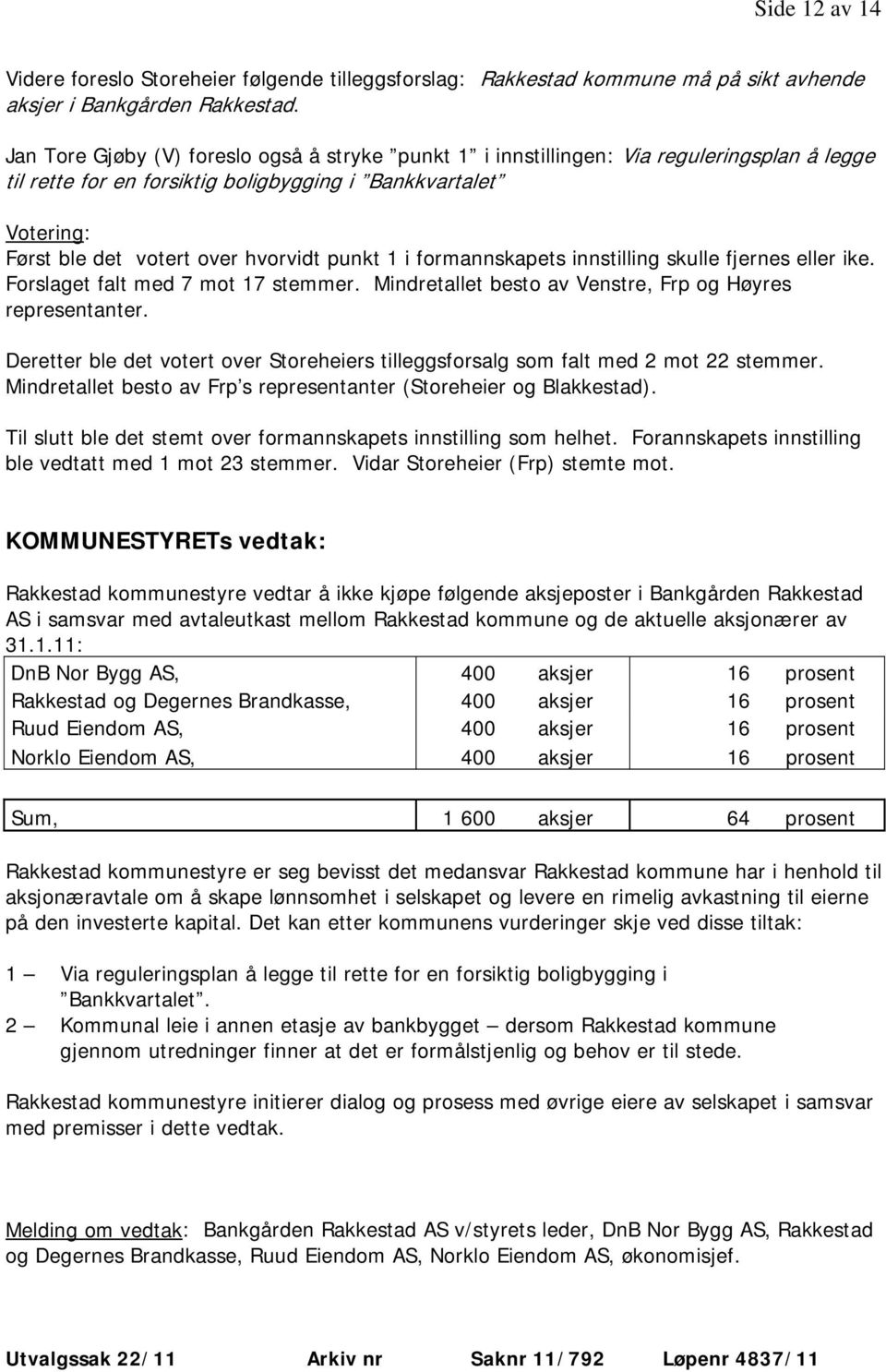 punkt 1 i formannskapets innstilling skulle fjernes eller ike. Forslaget falt med 7 mot 17 stemmer. Mindretallet besto av Venstre, Frp og Høyres representanter.