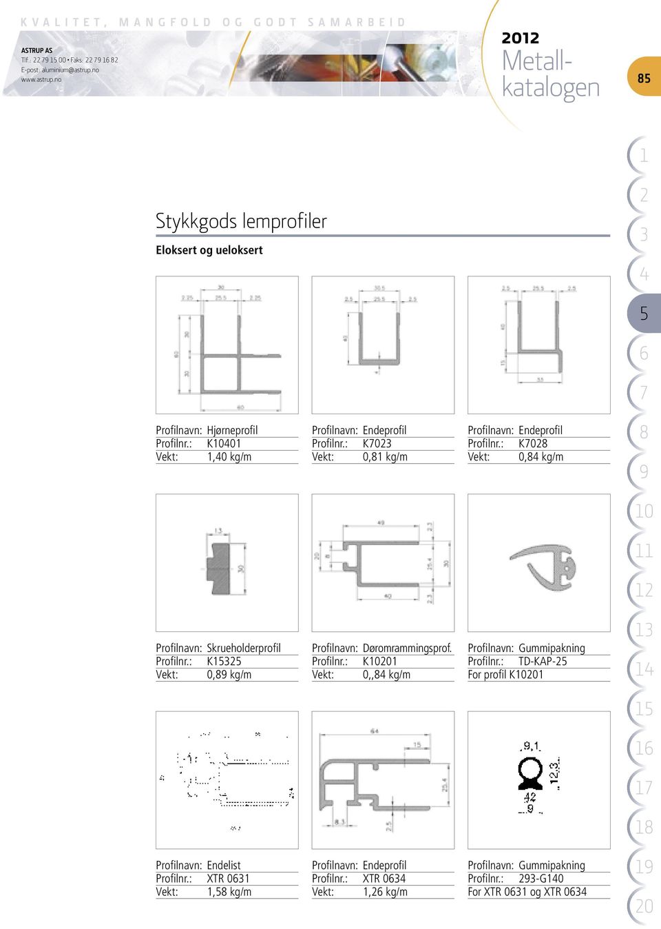 : K0 Vekt: 0, kg/m Profilnavn: Skrueholderprofil Profilnr.: K Vekt: 0, kg/m Profilnavn: Døromrammingsprof. Profilnr.: K0 Vekt: 0,, kg/m Profilnavn: Gummipakning Profilnr.