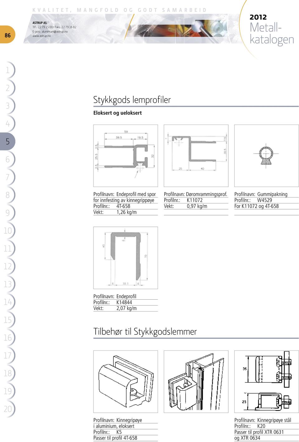 : T- Vekt:, kg/m Profilnavn: Døromrammingsprof. Profilnr.: K Vekt: 0, kg/m Profilnavn: Gummipakning Profilnr.