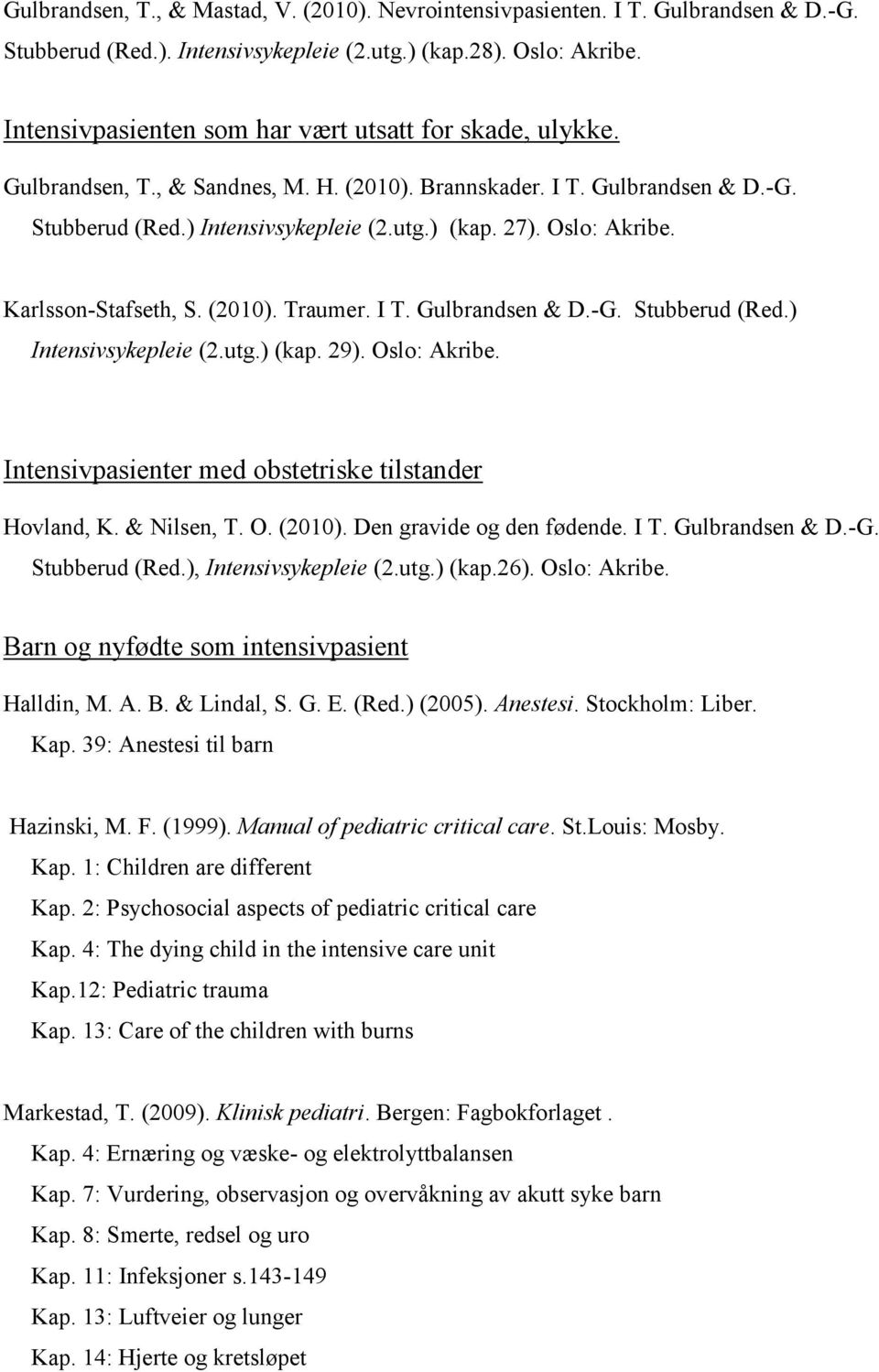 Oslo: Akribe. Karlsson-Stafseth, S. (2010). Traumer. I T. Gulbrandsen & D.-G. Stubberud (Red.) Intensivsykepleie (2.utg.) (kap. 29). Oslo: Akribe.