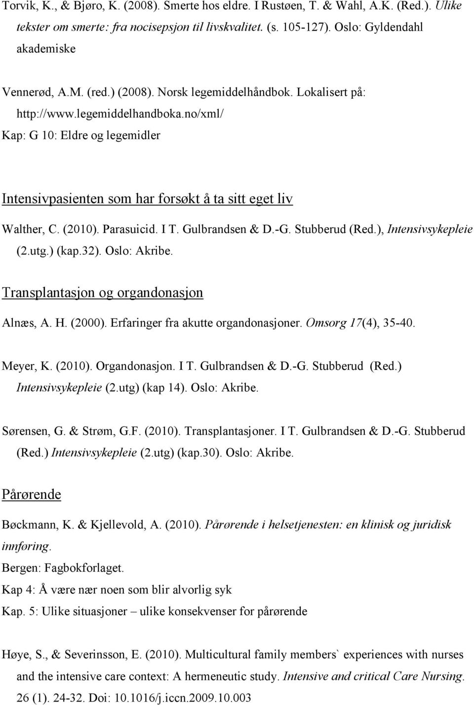 Parasuicid. I T. Gulbrandsen & D.-G. Stubberud (Red.), Intensivsykepleie (2.utg.) (kap.32). Oslo: Akribe. Transplantasjon og organdonasjon Alnæs, A. H. (2000). Erfaringer fra akutte organdonasjoner.