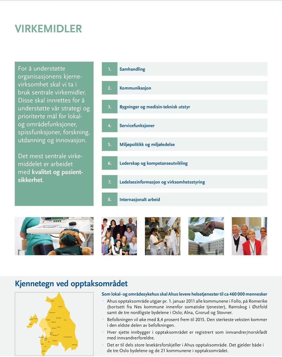 Bygninger og medisin-teknisk utstyr 4. Servicefunksjoner 5. Miljøpolitikk og miljøledelse 6. Lederskap og kompetanseutvikling 7. Ledelsesinformasjon og virksomhetsstyring 8.