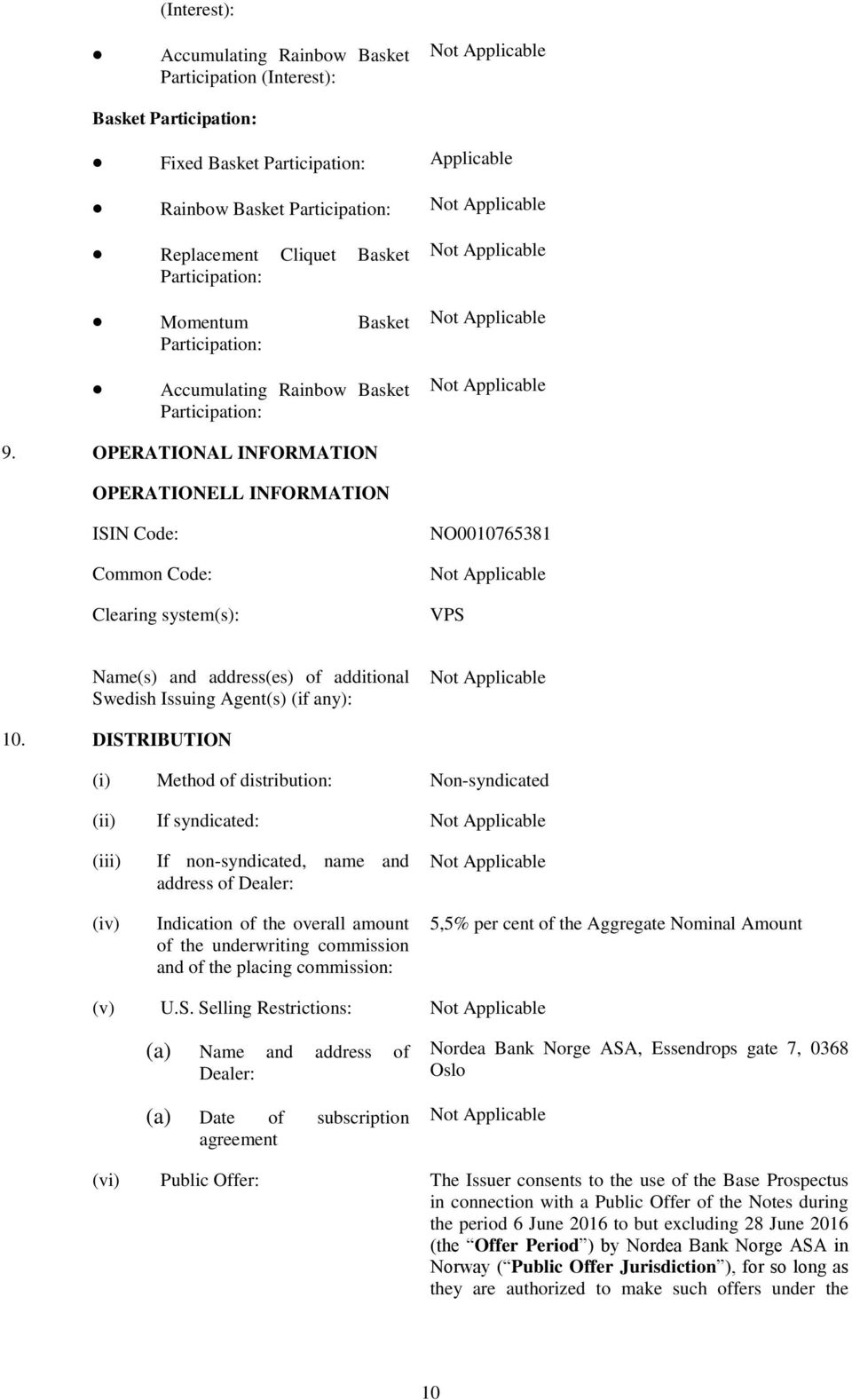 OPERATIONAL INFORMATION OPERATIONELL INFORMATION ISIN Code: Common Code: Clearing system(s): NO0010765381 Not Applicable VPS Name(s) and address(es) of additional Swedish Issuing Agent(s) (if any):