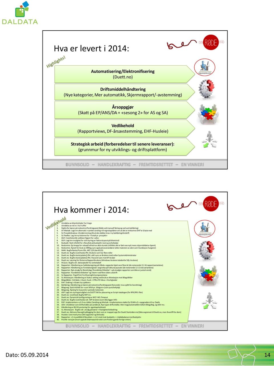 EHF-Husleie) Strategisk arbeid (forberedelser til senere leveranser): (grunnmur for ny utviklings- og driftsplattform) Hva kommer i 2014: 1. Utvidelse av klientinitialer fra 3 tegn 2.