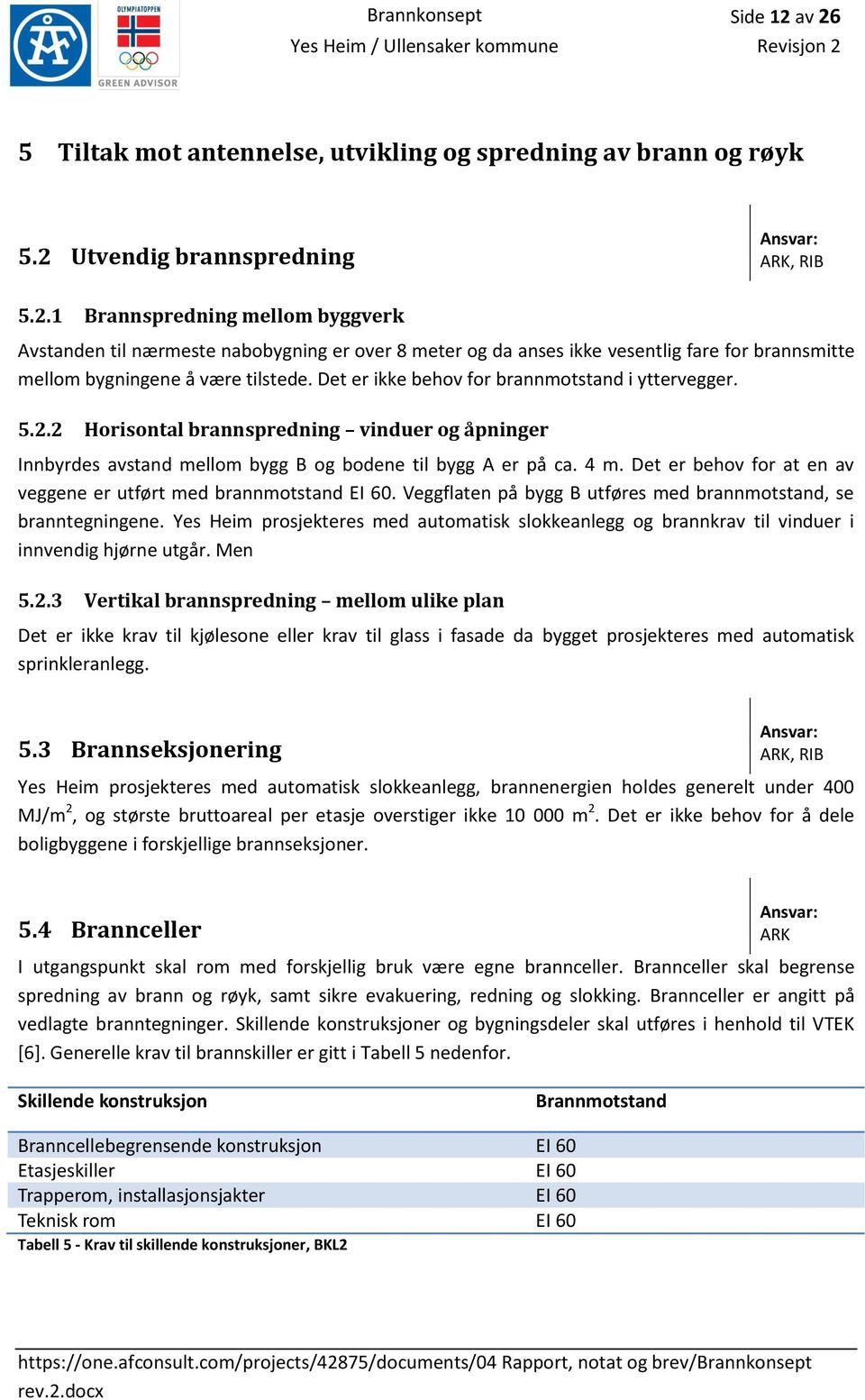 Det er behov for at en av veggene er utført med brannmotstand EI 60. Veggflaten på bygg B utføres med brannmotstand, se branntegningene.