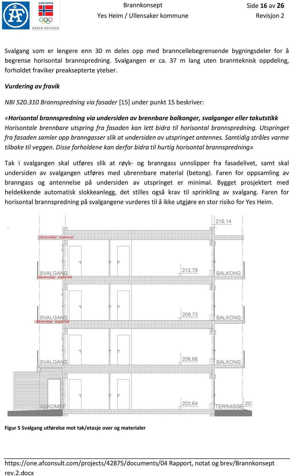 310 Brannspredning via fasader [15] under punkt 15 beskriver: «Horisontal brannspredning via undersiden av brennbare balkonger, svalganger eller takutstikk Horisontale brennbare utspring fra fasaden