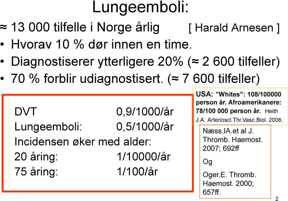 ( 7 600 tilfeller) DVT 0,9/1000/år Lungeemboli: 0,5/1000/år Incidensen øker med alder: 20 åring: 1/10000/år 75 åring: 1/100/år