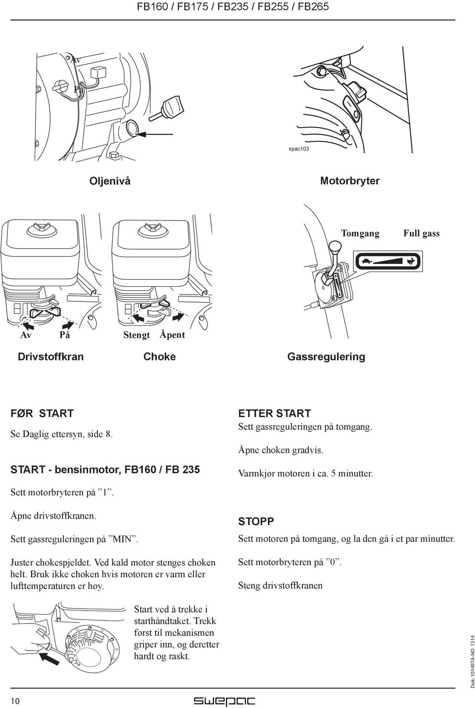 Åpne drivstoffkranen. Sett gassreguleringen på MIN. Juster chokespjeldet. Ved kald motor stenges choken helt. Bruk ikke choken hvis motoren er varm eller lufttemperaturen er høy.