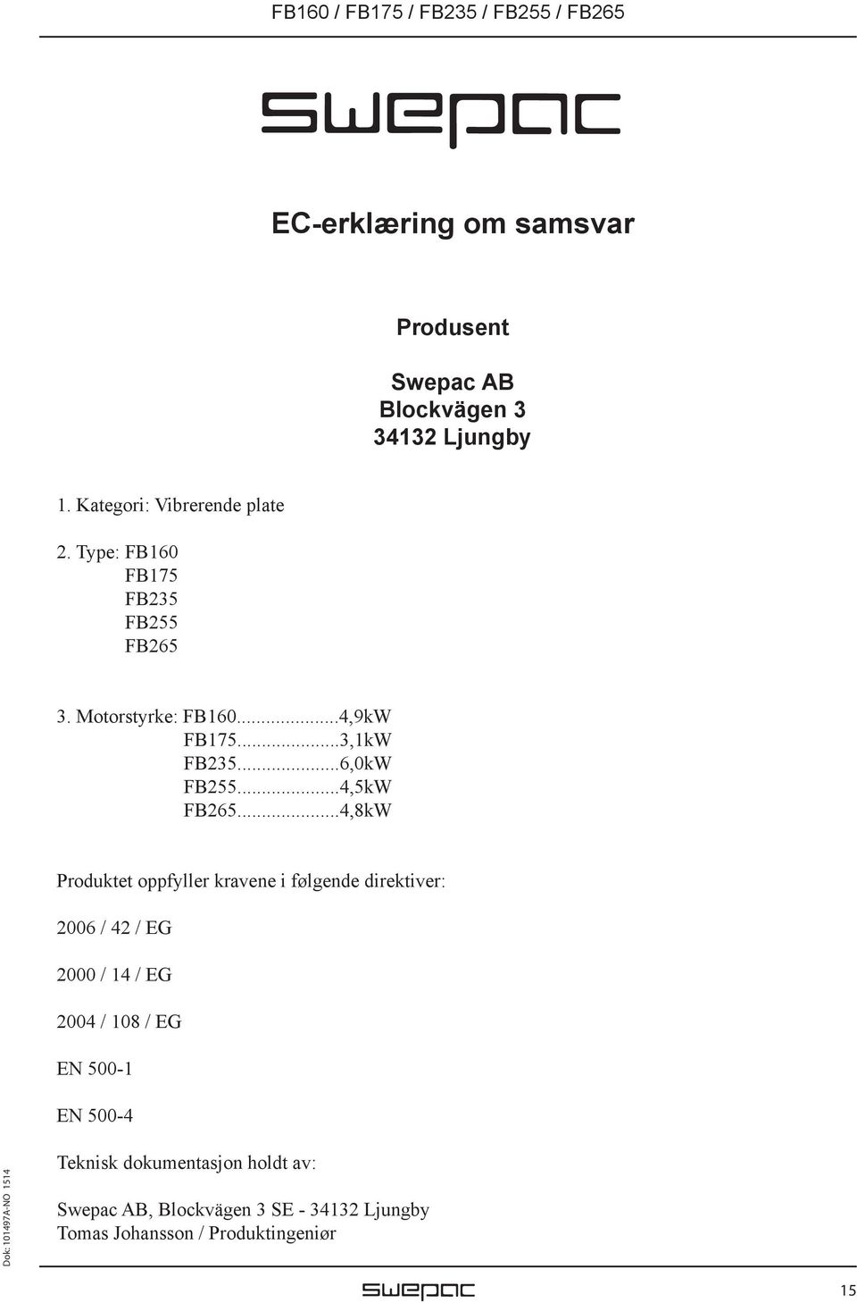 ..4,8kW Produktet oppfyller kravene i følgende direktiver: 2006 / 42 / EG 2000 / 14 / EG 2004 / 108 / EG EN