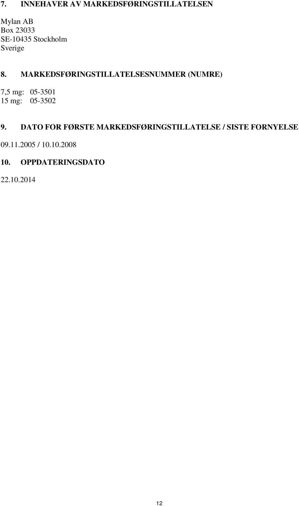 MARKEDSFØRINGSTILLATELSESNUMMER (NUMRE) 7,5 mg: 05-3501 15 mg: 05-3502