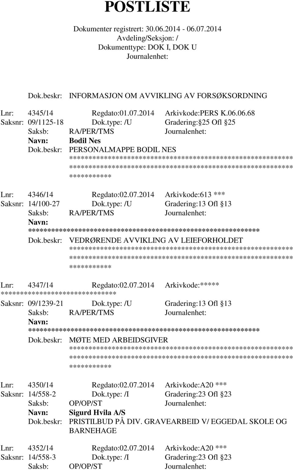 beskr: VEDRØRENDE AVVIKLING AV LEIEFORHOLDET Lnr: 4347/14 Regdato:02.07.2014 Arkivkode:***** ******** Saksnr: 09/1239-21 Dok.type: /U Gradering:13 Ofl 13 Saksb: RA/PER/TMS ** Dok.