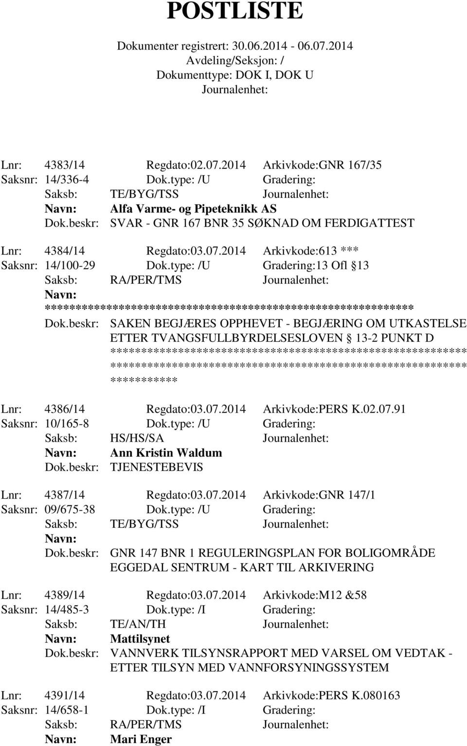 beskr: SAKEN BEGJÆRES OPPHEVET - BEGJÆRING OM UTKASTELSE ETTER TVANGSFULLBYRDELSESLOVEN 13-2 PUNKT D Lnr: 4386/14 Regdato:03.07.2014 Arkivkode:PERS K.02.07.91 Saksnr: 10/165-8 Dok.