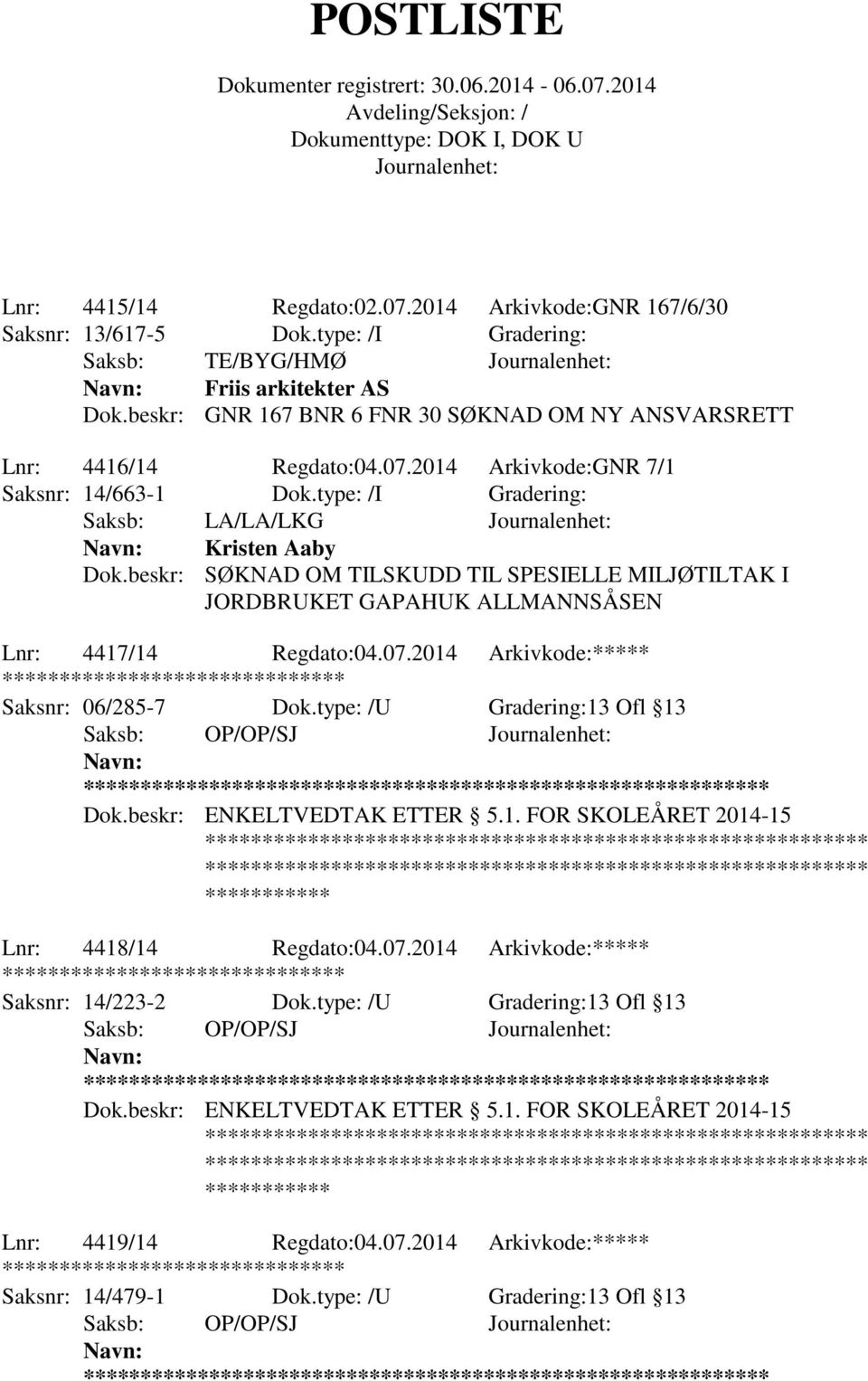 beskr: SØKNAD OM TILSKUDD TIL SPESIELLE MILJØTILTAK I JORDBRUKET GAPAHUK ALLMANNSÅSEN Lnr: 4417/14 Regdato:04.07.2014 Arkivkode:***** ******** Saksnr: 06/285-7 Dok.