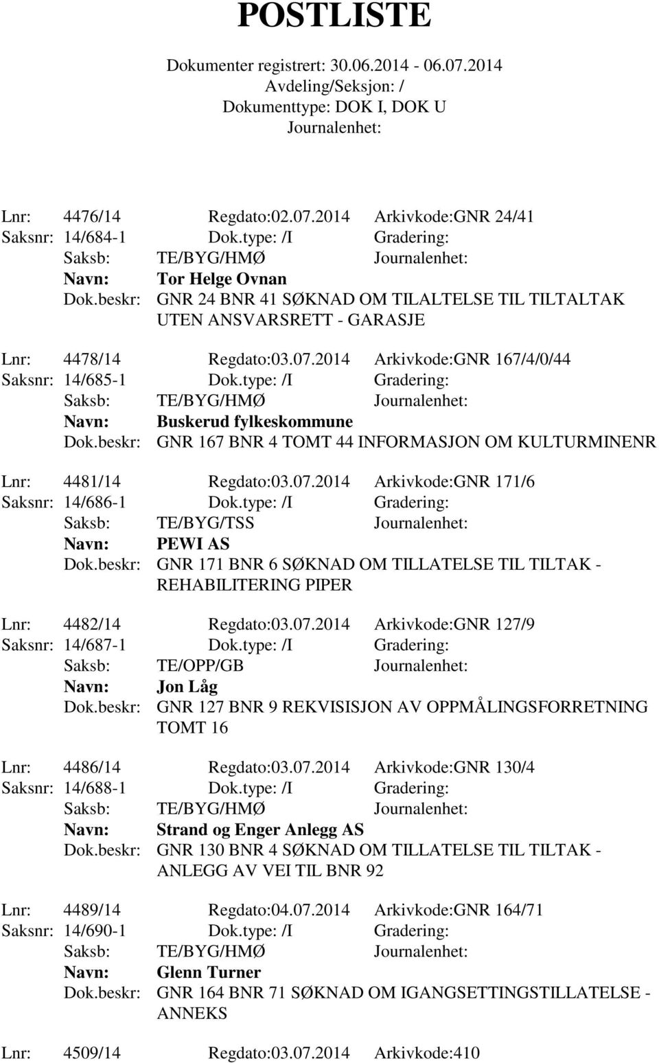 type: /I Gradering: Saksb: TE/BYG/HMØ Buskerud fylkeskommune Dok.beskr: GNR 167 BNR 4 TOMT 44 INFORMASJON OM KULTURMINENR Lnr: 4481/14 Regdato:03.07.2014 Arkivkode:GNR 171/6 Saksnr: 14/686-1 Dok.