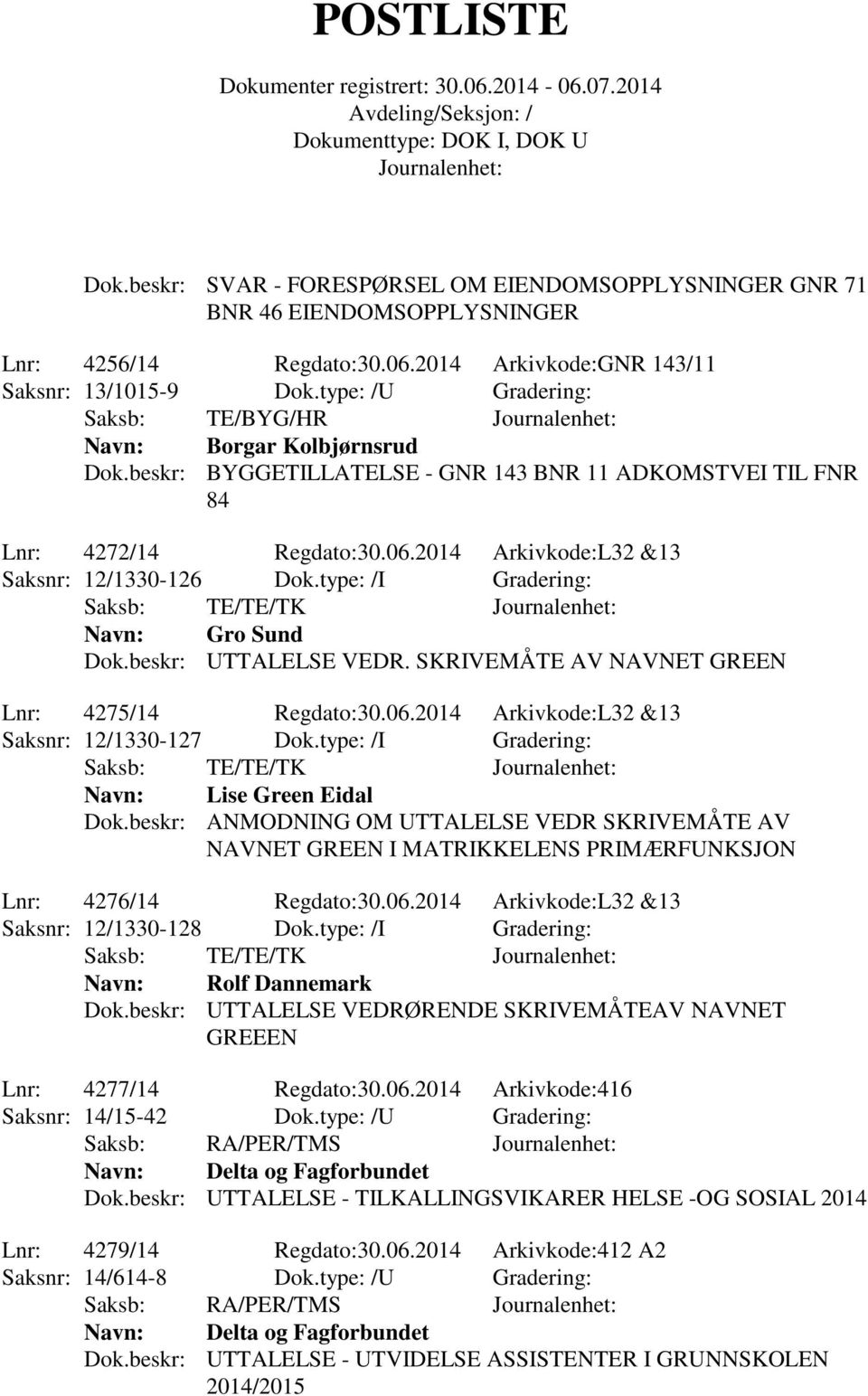 type: /I Gradering: Saksb: TE/TE/TK Gro Sund Dok.beskr: UTTALELSE VEDR. SKRIVEMÅTE AV NAVNET GREEN Lnr: 4275/14 Regdato:30.06.2014 Arkivkode:L32 &13 Saksnr: 12/1330-127 Dok.