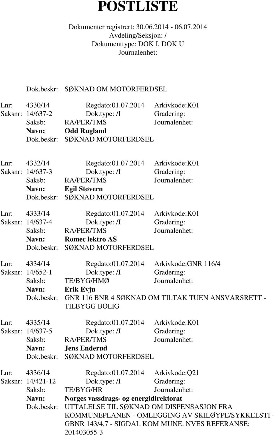07.2014 Arkivkode:K01 Saksnr: 14/637-4 Dok.type: /I Gradering: Saksb: RA/PER/TMS Romec lektro AS Dok.beskr: SØKNAD MOTORFERDSEL Lnr: 4334/14 Regdato:01.07.2014 Arkivkode:GNR 116/4 Saksnr: 14/652-1 Dok.