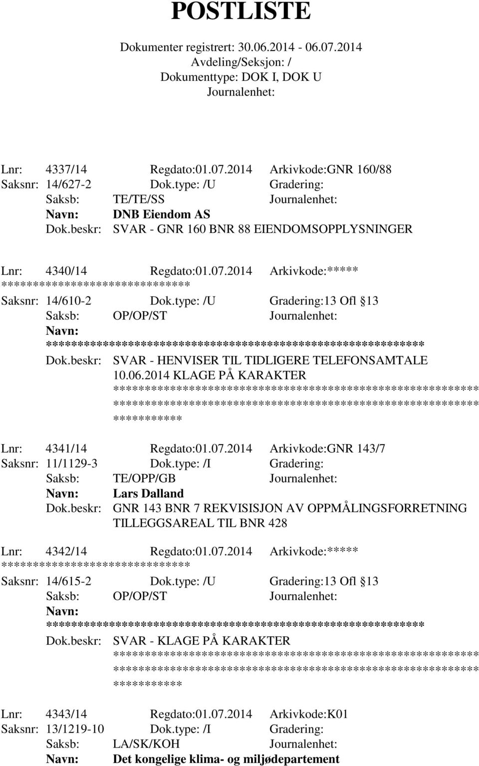 beskr: SVAR - HENVISER TIL TIDLIGERE TELEFONSAMTALE 10.06.2014 KLAGE PÅ KARAKTER Lnr: 4341/14 Regdato:01.07.2014 Arkivkode:GNR 143/7 Saksnr: 11/1129-3 Dok.