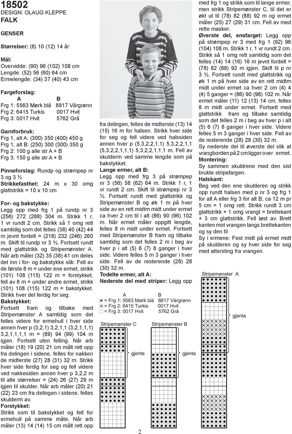 alle str A + B Pinneforslag: Rundp og strømpep nr 3 og 3 ½ Strikkefasthet: 24 m x 30 omg glattstrikk = 10 x 10 cm For- og bakstykke: Legg opp med frg 1 på rundp nr 3 (256) 272 (288) 304 m.