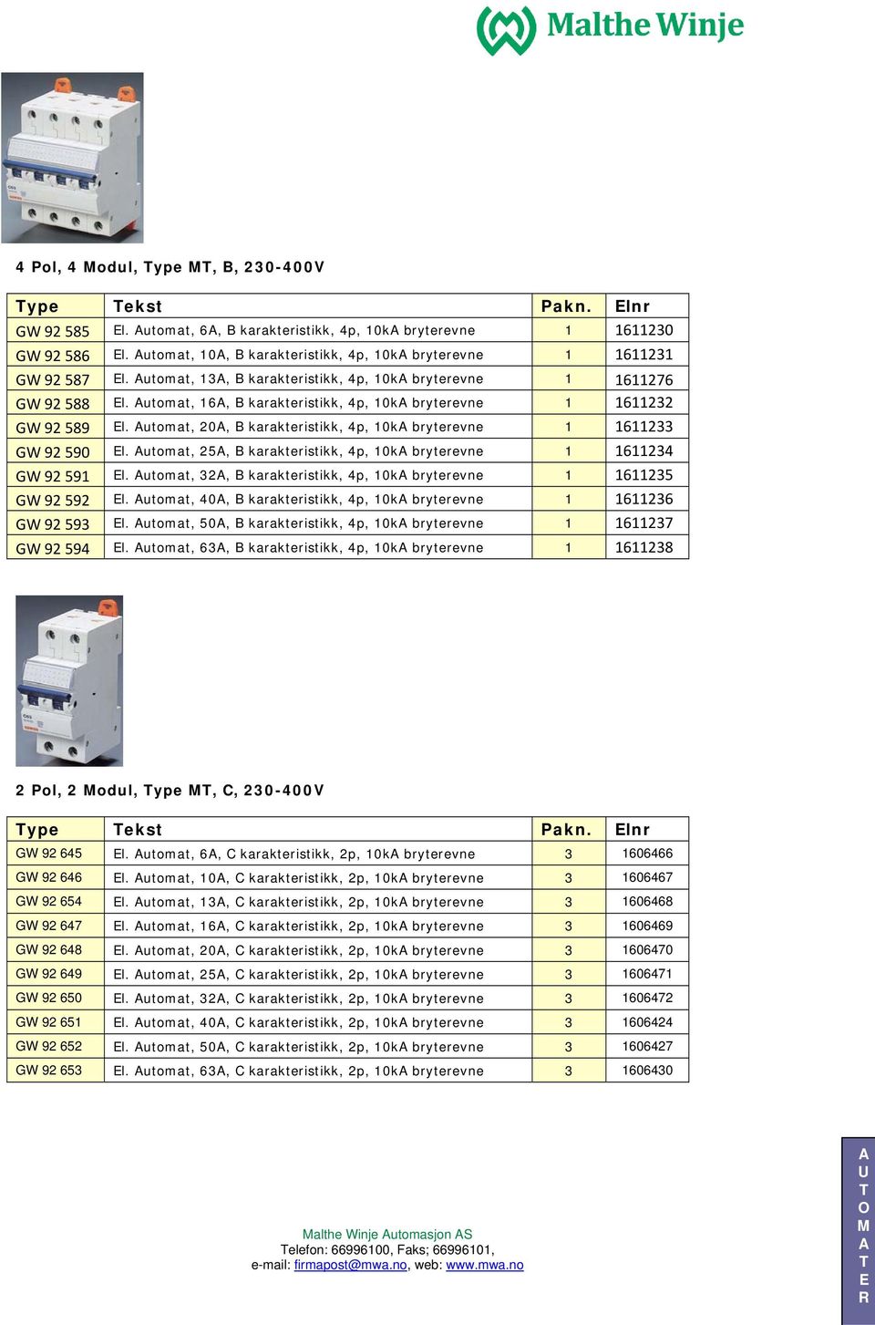 utomat, 16, B karakteristikk, 4p, 10k bryterevne 1 1611232 GW 92 589 l. utomat, 20, B karakteristikk, 4p, 10k bryterevne 1 1611233 GW 92 590 l.