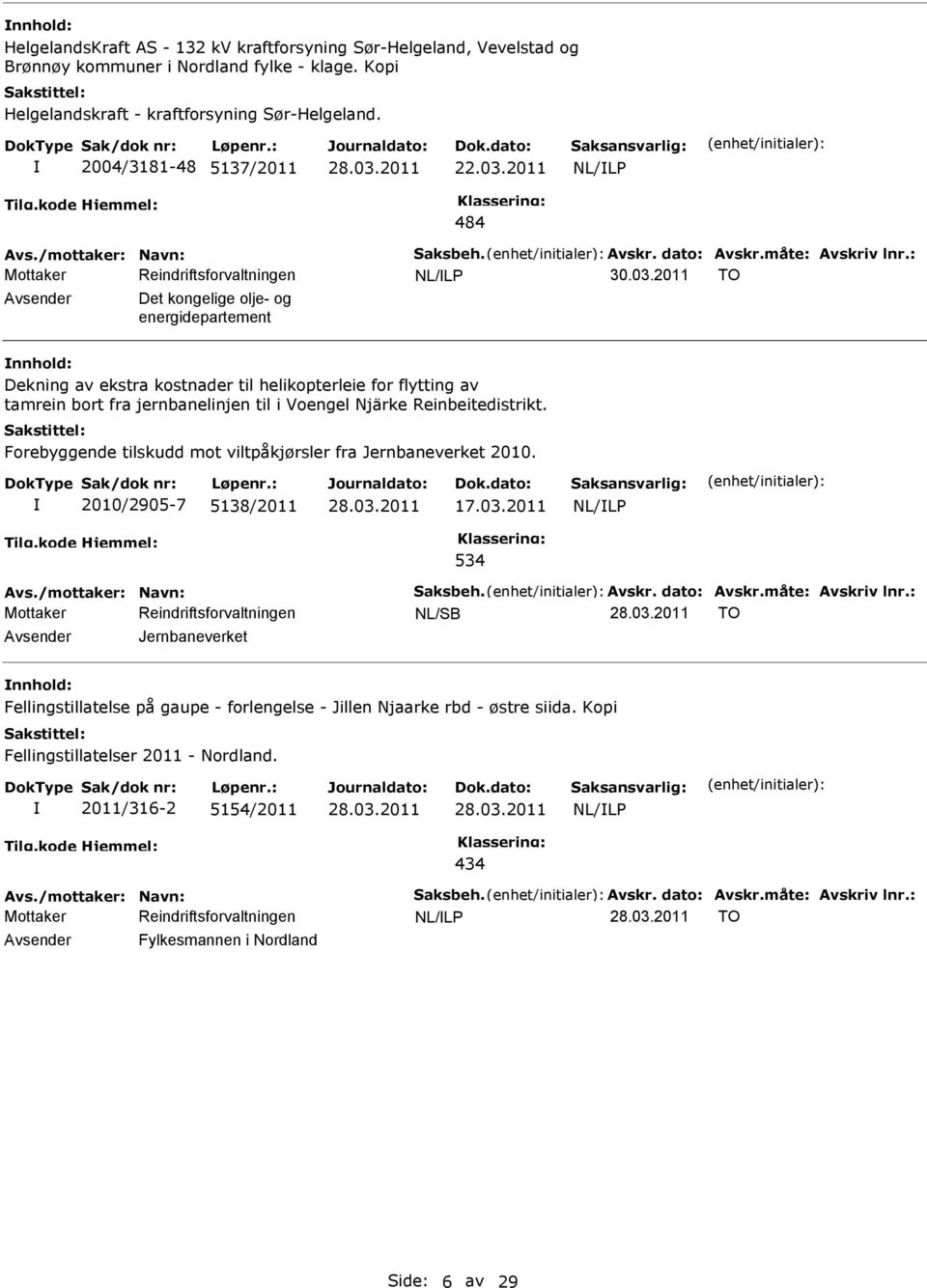 2011 484 TO Det kongelige olje- og energidepartement Dekning av ekstra kostnader til helikopterleie for flytting av tamrein bort fra jernbanelinjen til i Voengel Njärke