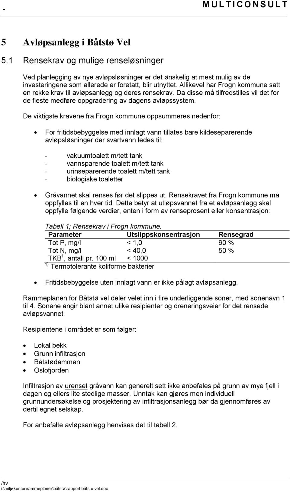 De viktigste kravene fra Frogn kommune oppsummeres nedenfor: For fritidsbebyggelse med innlagt vann tillates bare kildeseparerende avløpsløsninger der svartvann ledes til: - vakuumtoalett m/tett tank