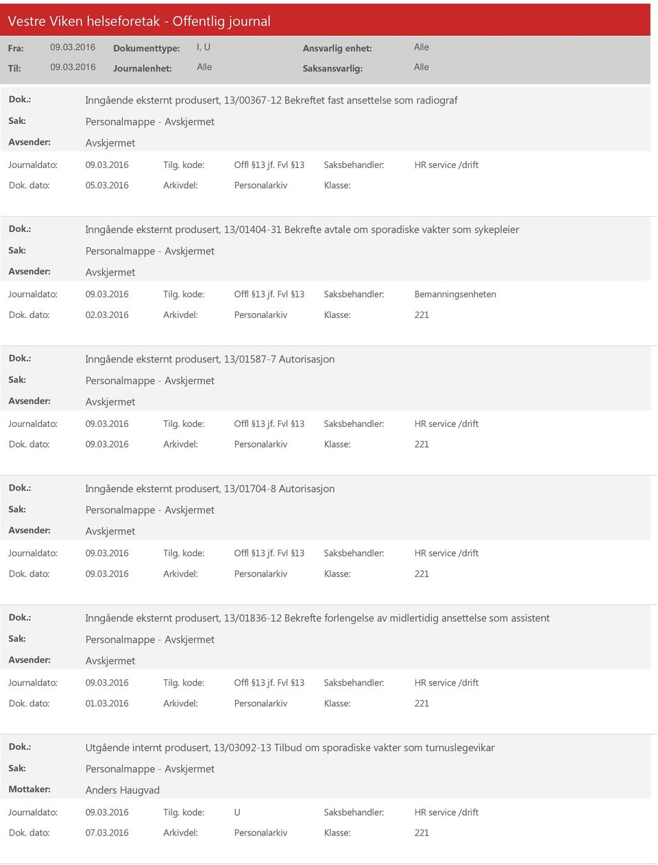 dato: Arkivdel: Personalarkiv Inngående eksternt produsert, 13/01704-8 Autorisasjon Personalmappe - Dok.