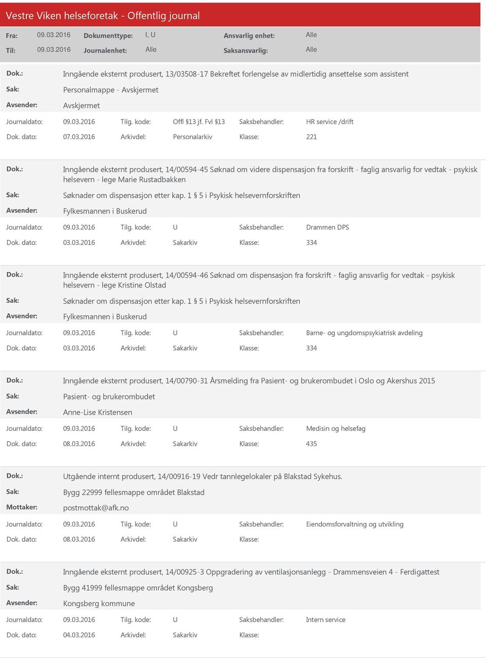 2016 Arkivdel: Personalarkiv Inngående eksternt produsert, 14/00594-45 Søknad om videre dispensasjon fra forskrift - faglig ansvarlig for vedtak - psykisk helsevern - lege Marie Rustadbakken Søknader