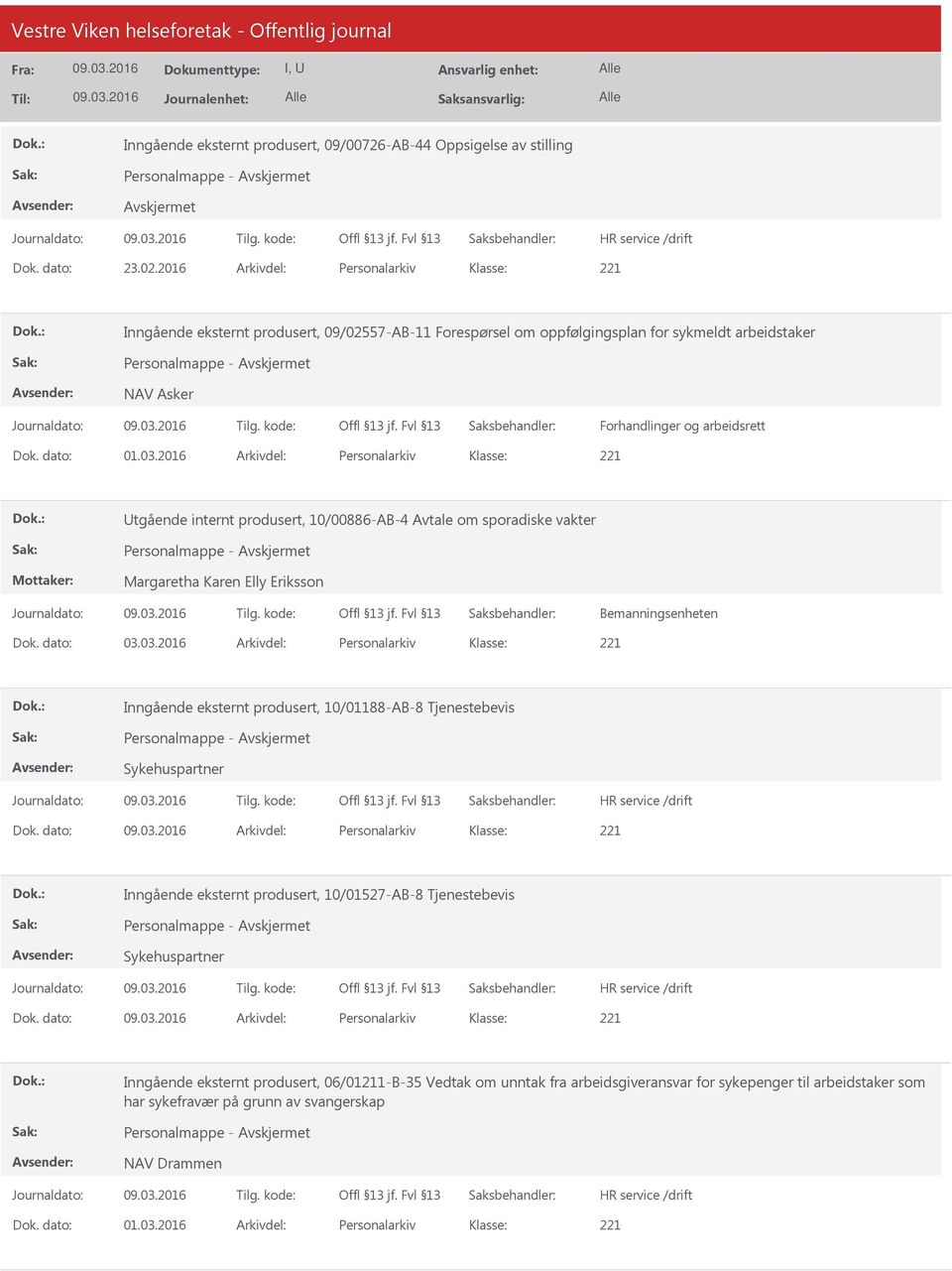 03.2016 Arkivdel: Personalarkiv tgående internt produsert, 10/00886-AB-4 Avtale om sporadiske vakter Personalmappe - Margaretha Karen Elly Eriksson Dok. dato: 03.03.2016 Arkivdel: Personalarkiv Inngående eksternt produsert, 10/01188-AB-8 Tjenestebevis Personalmappe - Sykehuspartner Dok.