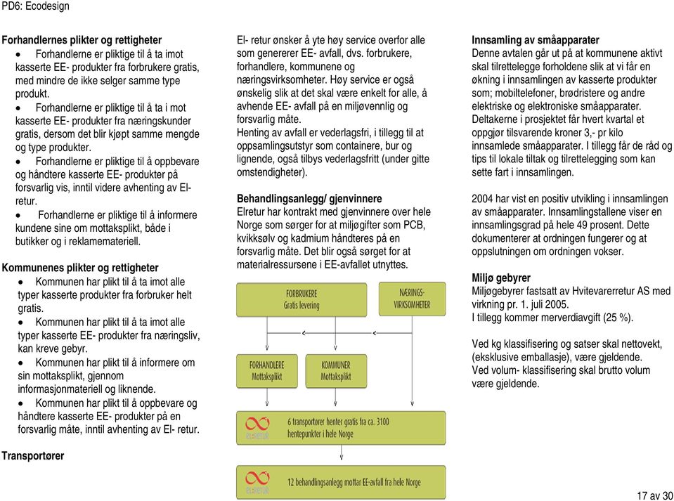 Forhandlerne er pliktige til å oppbevare og håndtere kasserte EE- produkter på forsvarlig vis, inntil videre avhenting av Elretur.