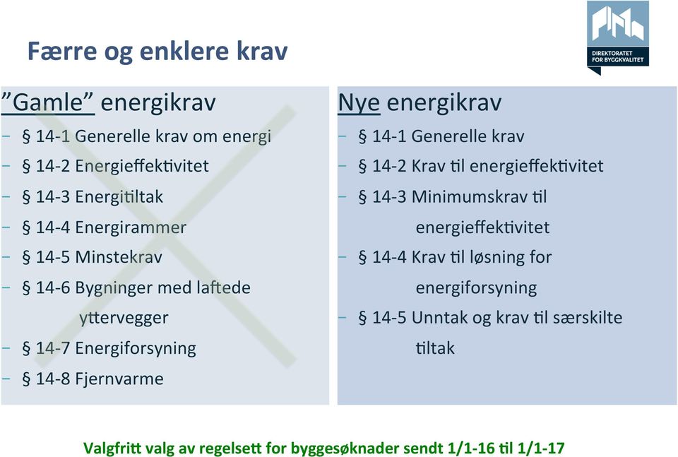 energikrav 14-1 Generelle krav 14-2 Krav El energieffekevitet 14-3 Minimumskrav El energieffekevitet 14-4 Krav El