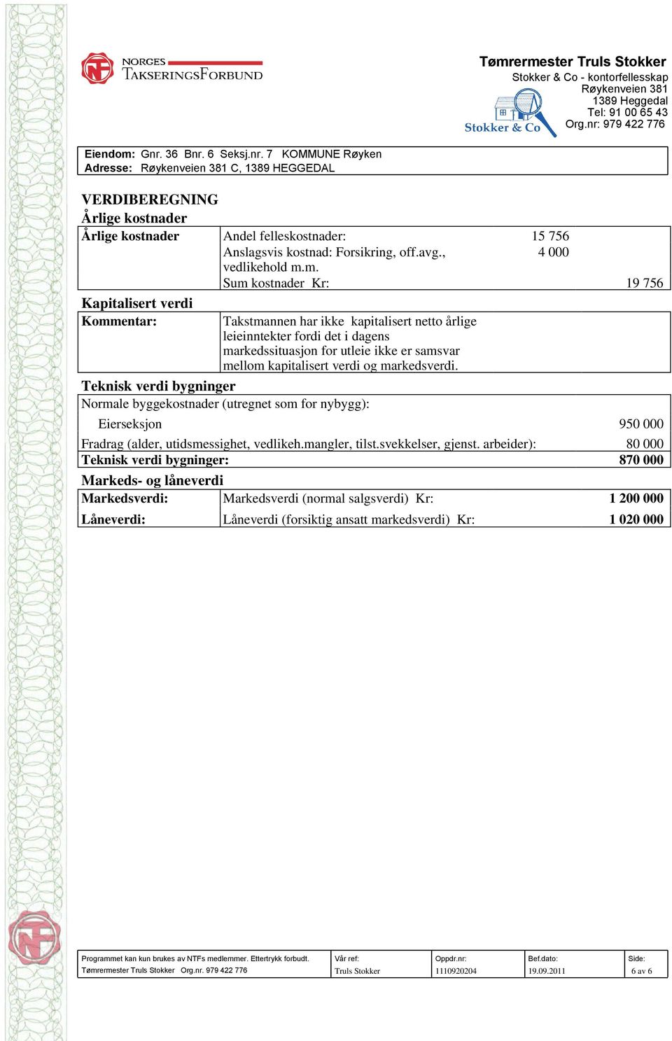 kapitalisert verdi og markedsverdi. Teknisk verdi bygninger Normale byggekostnader (utregnet som for nybygg): Eierseksjon 950 000 Fradrag (alder, utidsmessighet, vedlikeh.mangler, tilst.