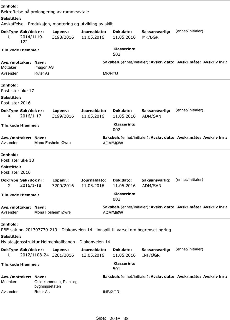 /mottaker: Navn: Saksbeh. Avskr. dato: Avskr.måte: Avskriv lnr.: Mona Fosheim Øwre ADM/MØW PBE-sak nr.