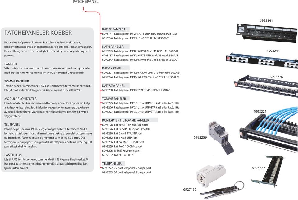 PANELER Vi har både paneler med modulbaserte keystone kontakter og paneler med kretskortmonterte kroneplinter (PCB = Printed Circut Board). TOMME PANELER Tomme paneler kommer med 16, 24 og 32 porter.
