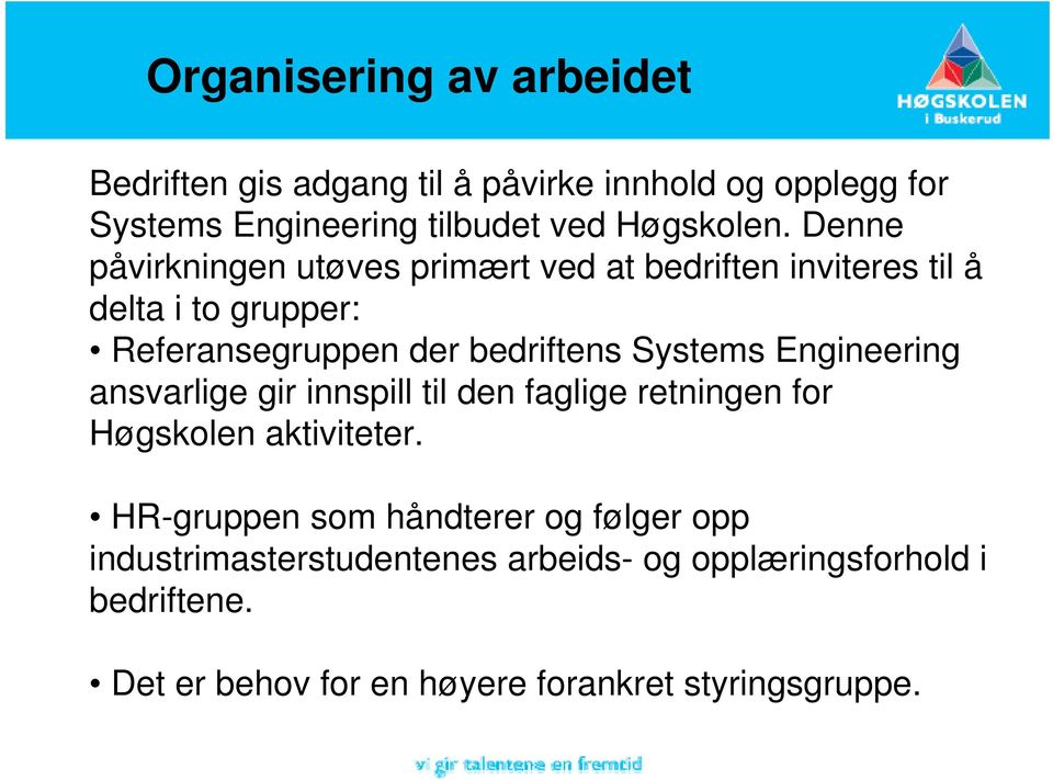 Systems Engineering ansvarlige gir innspill til den faglige retningen for Høgskolen aktiviteter.